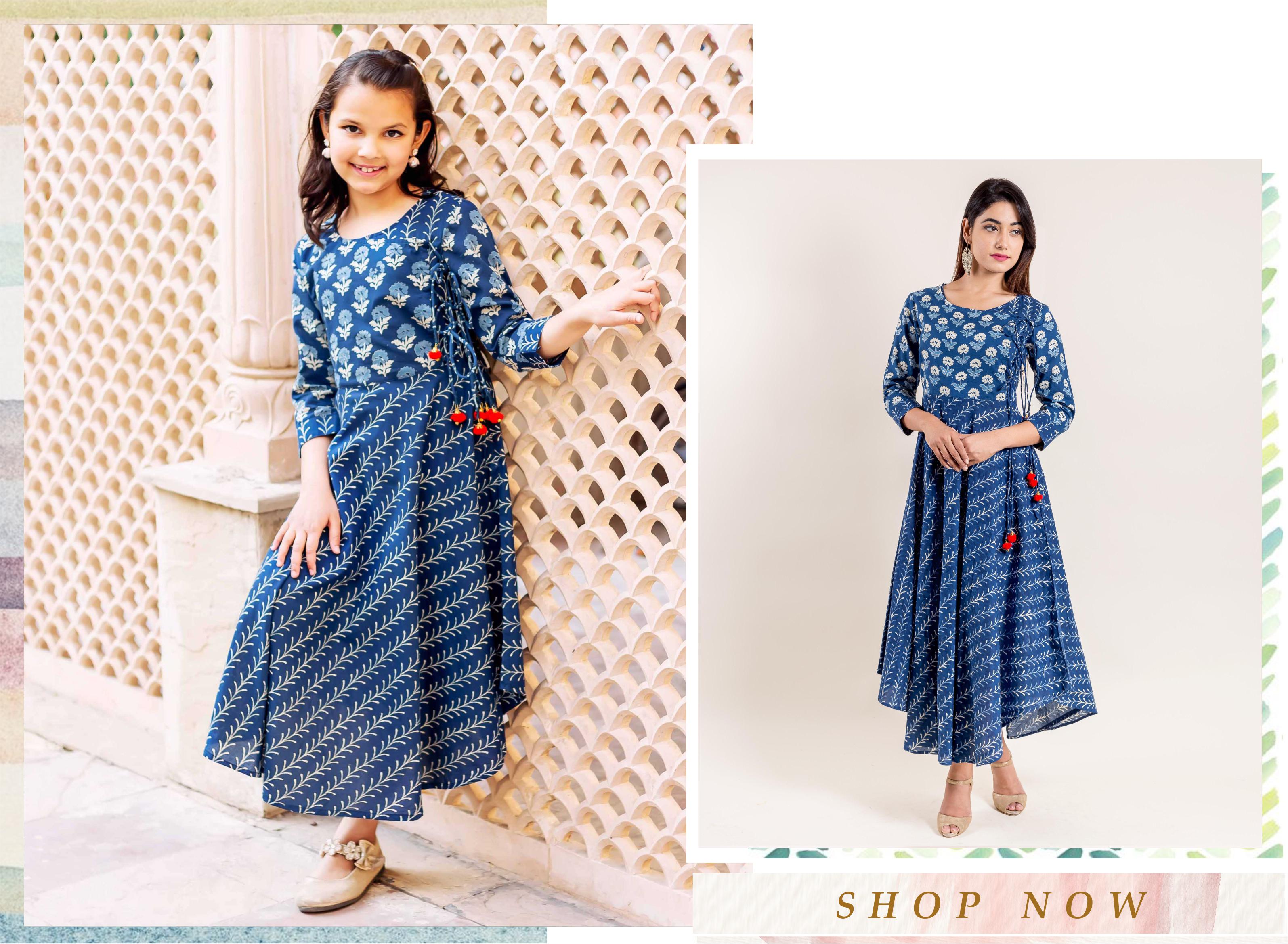 Indigo Angrakha Block Printed Indo Western Dress