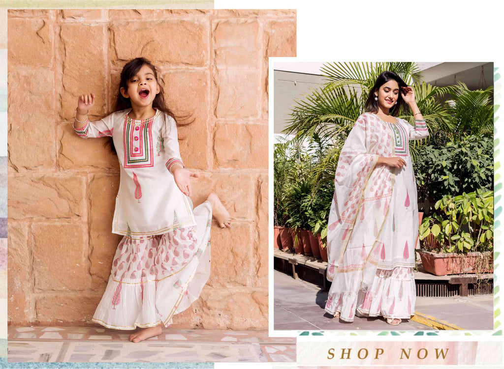 Maya Chanderi Block Printed Kurta for Mommy and Baby Girl