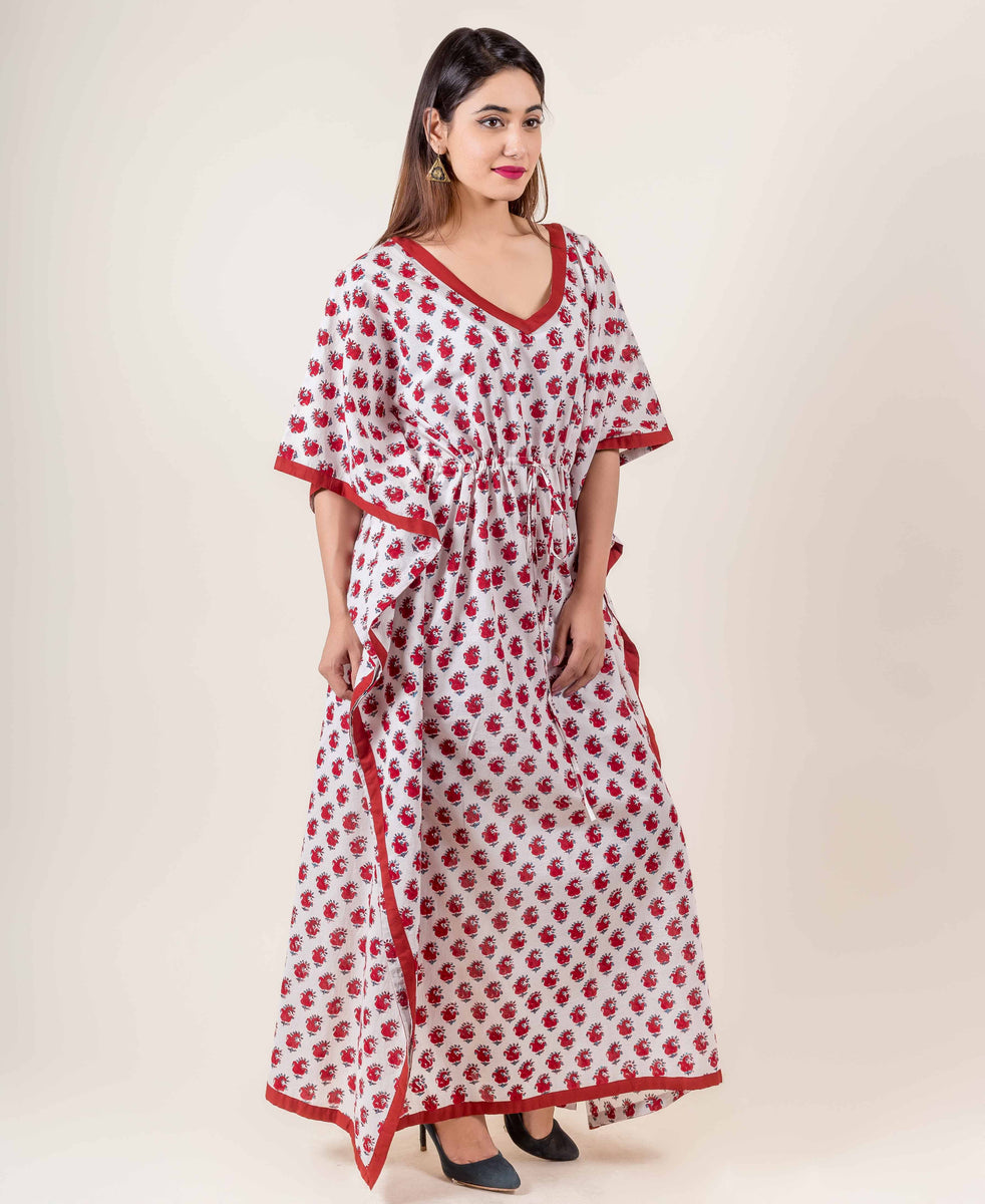 White And Red Hand Block Printed Kaftan Dress – MISSPRINT