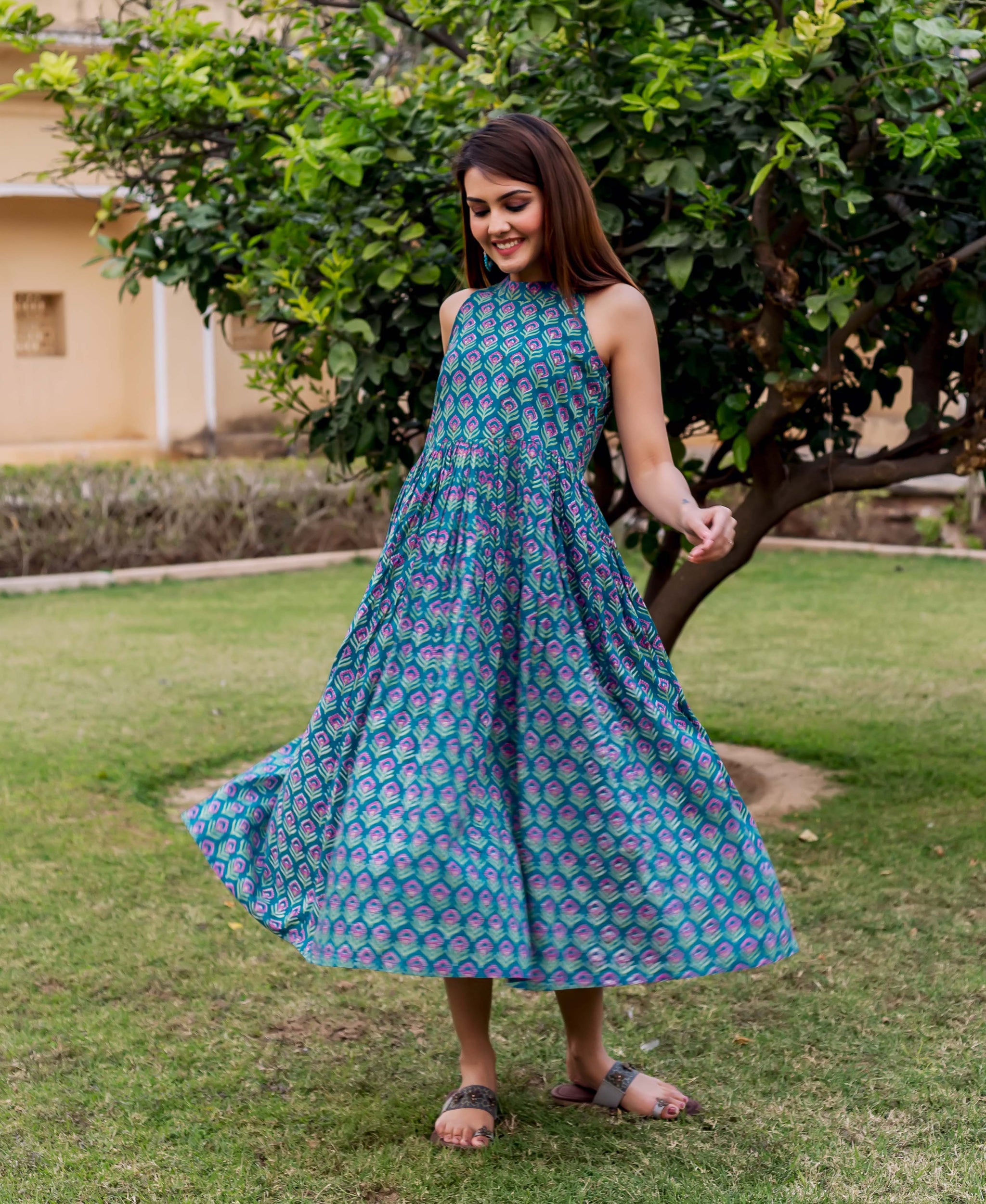 Purple Hand Block Printed Halter Neck Dress