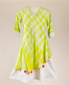 Lime And Green Cotton Tasseled Asymmetrical Kids Ethnic Wear Dress