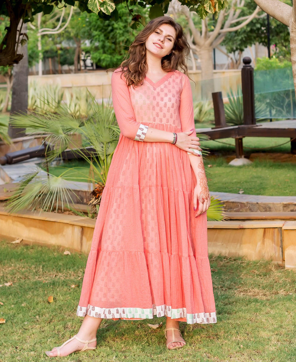 Peach Kota Doriya Tiered Long Dress – MISSPRINT