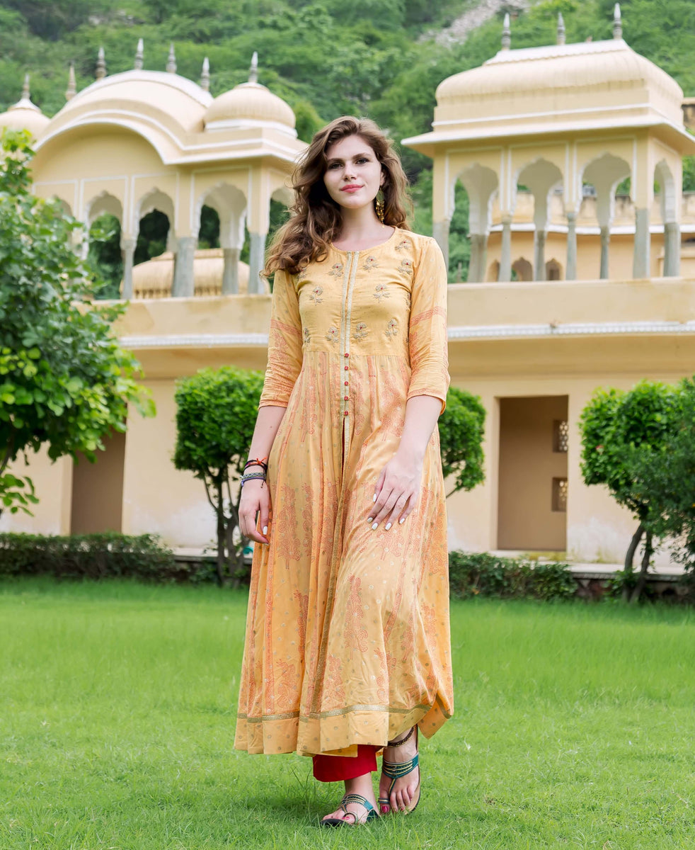 Gold Yellow Hand Block Printed and Embroidered Anarkali Dress – MISSPRINT