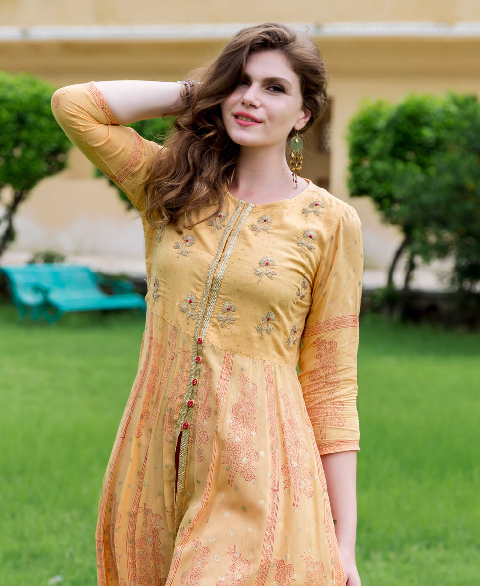 Gold Yellow Hand Block Printed and Embroidered Anarkali Dress – MISSPRINT