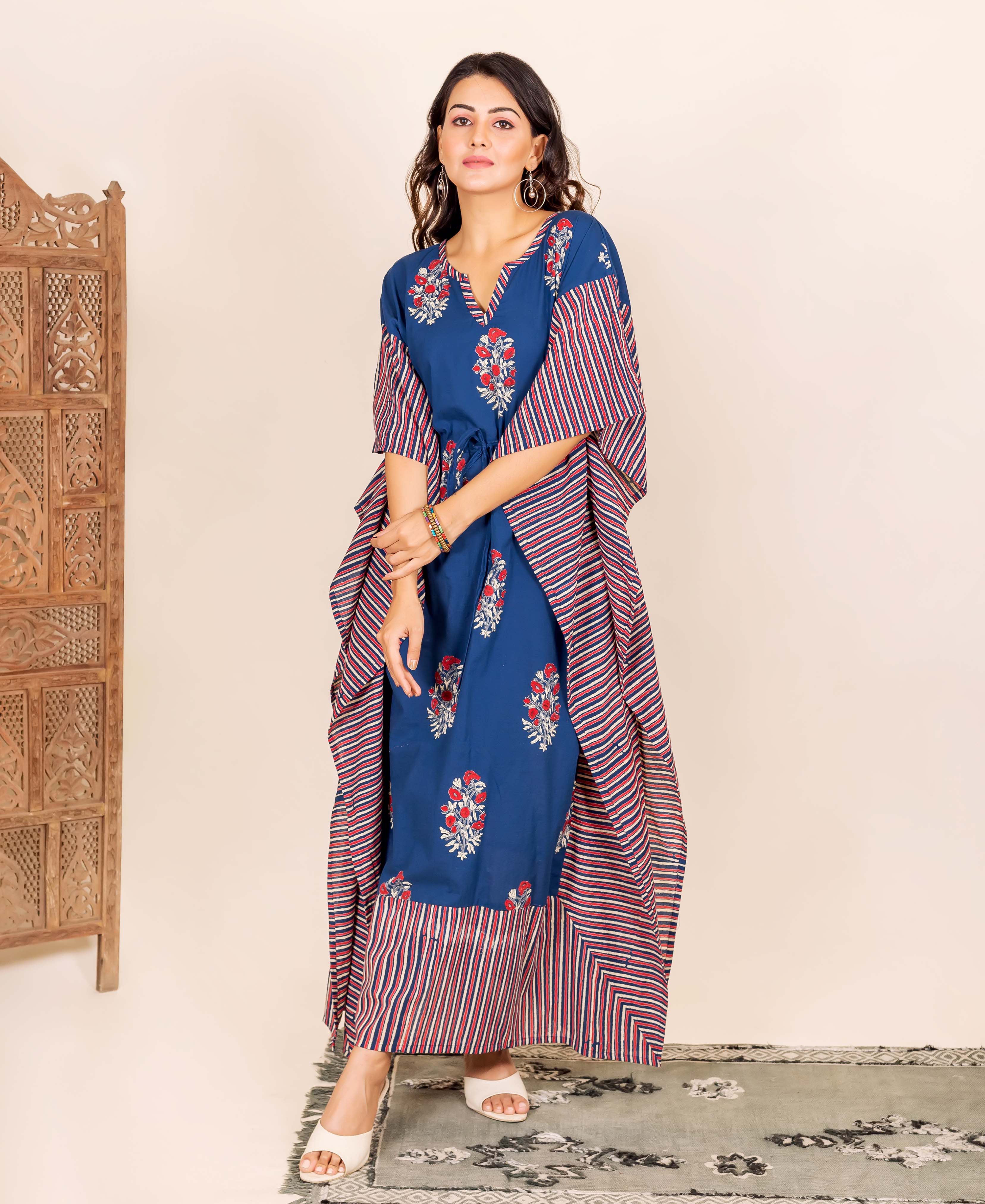 Buy online Blue Relaxed Fit V Neck Printed Kaftan Dress from western wear  for Women by Trendif for ₹520 at 77% off | 2024 Limeroad.com