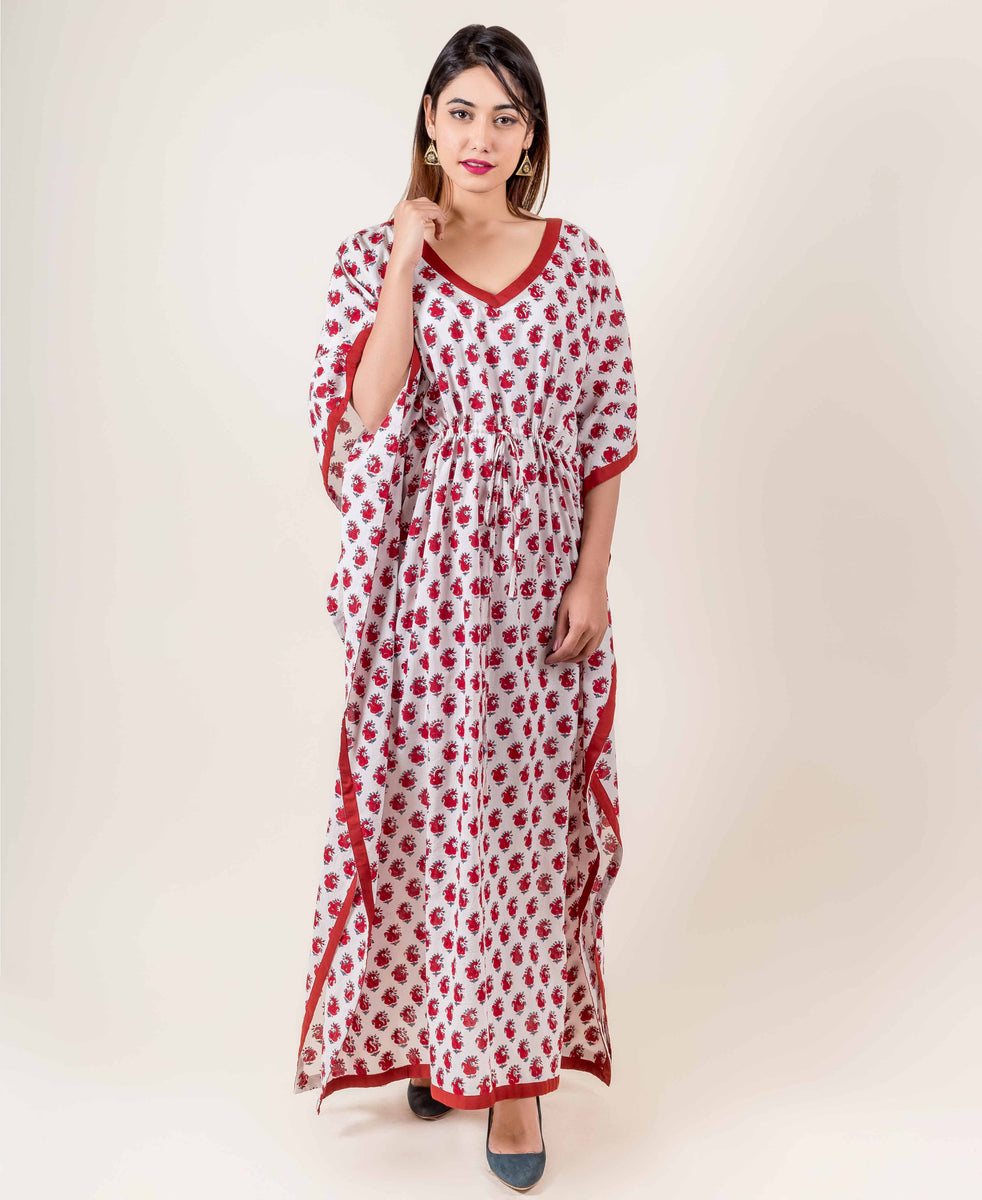 White And Red Hand Block Printed Kaftan Dress – MISSPRINT