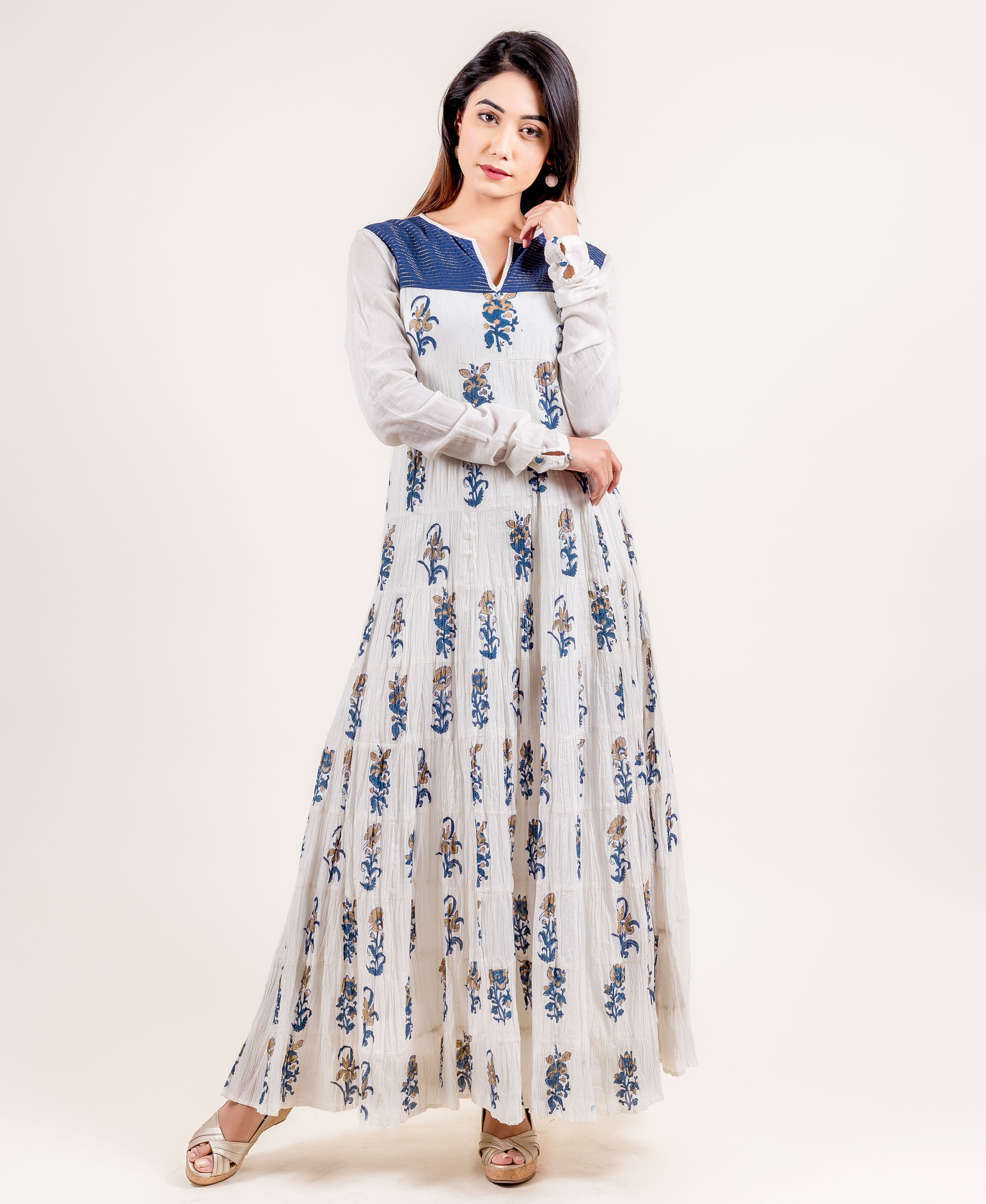 Navy Blue Block Printed Indo Western Dress Latest 498KR05