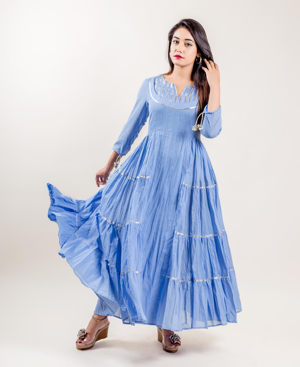 Blue Cotton Tiered Indo Western Style Gown Dress – MISSPRINT